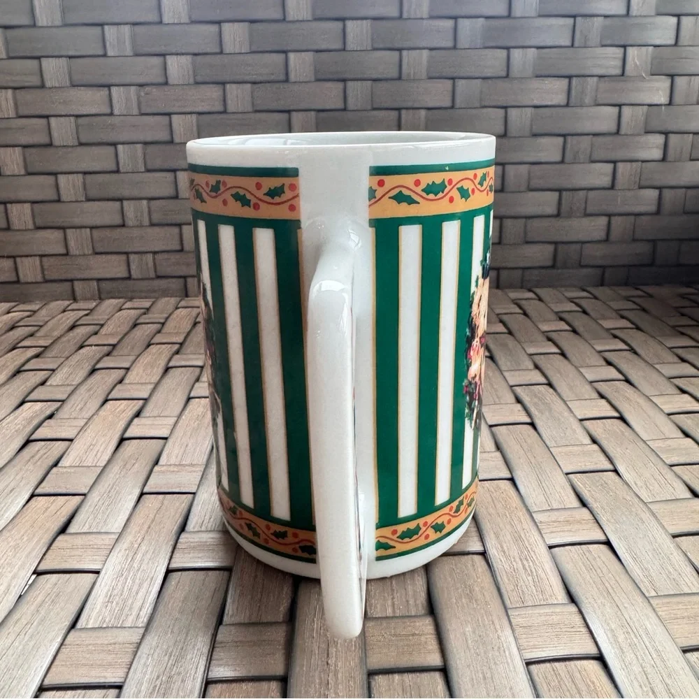 Vintage Houston Foods Teddy‎ Bear Festive Christmas Mug Green Stripes 16oz